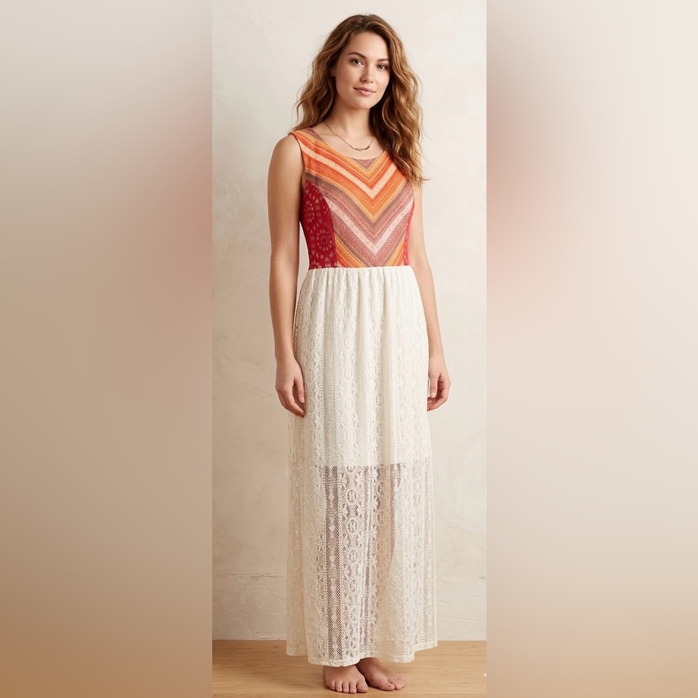#sumer# Cato Boho Lace Maxi Dress Orange Chevron Print Size L